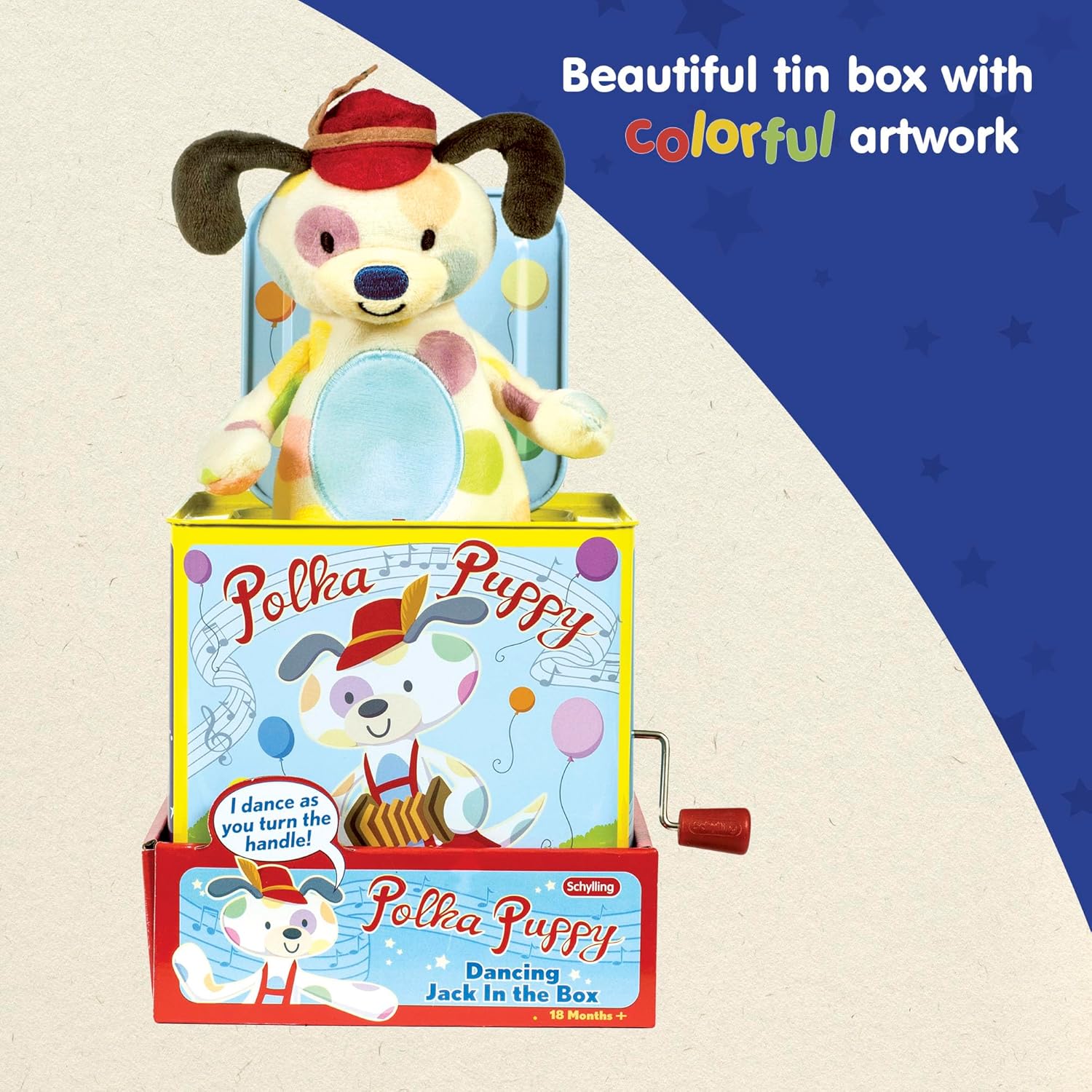 Schylling Polka Puppy Jack in the Box - Classic Children-s Musical Toy that Dances - Colorful Embossed Tin Box and Lovable Puppy Plush - Age 18 months and Up - Image 5