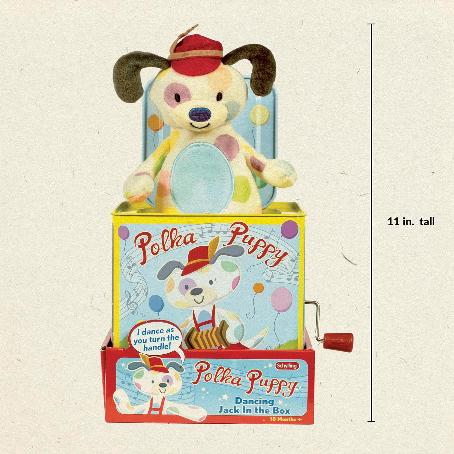 Schylling Polka Puppy Jack in the Box - Classic Children-s Musical Toy that Dances - Colorful Embossed Tin Box and Lovable Puppy Plush - Age 18 months and Up - Image 3